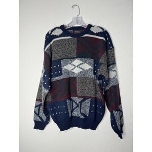 Expressions Vintage Mens Patchwork Geometric Knit Sweater Navy Burgundy Size M
